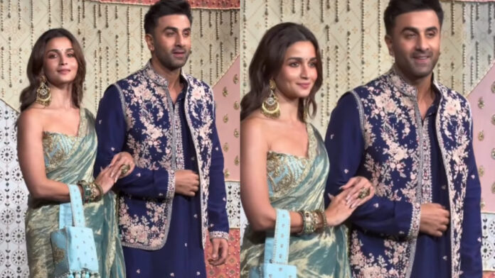 Alia Bhatt stuns in metallic blue saree as Ranbir Kapoor complements her at Antilia Alia Bhatt stuns in metallic blue saree as Ranbir Kapoor complements her at Antilia
